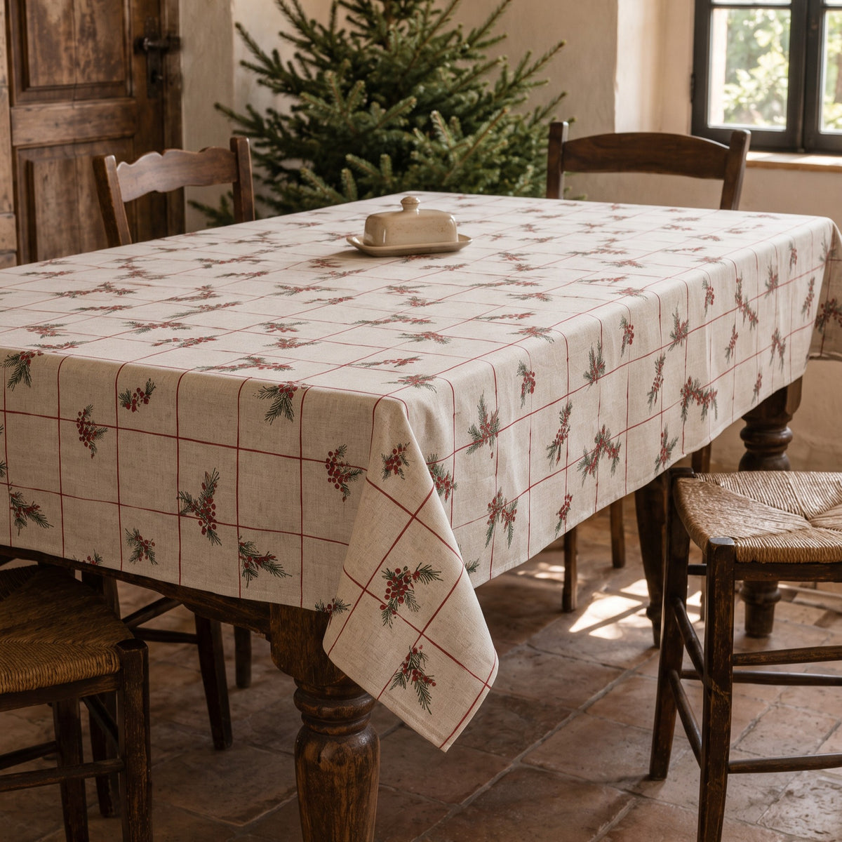 MANTEL NAVIDAD LINO FLORAL CUADROS