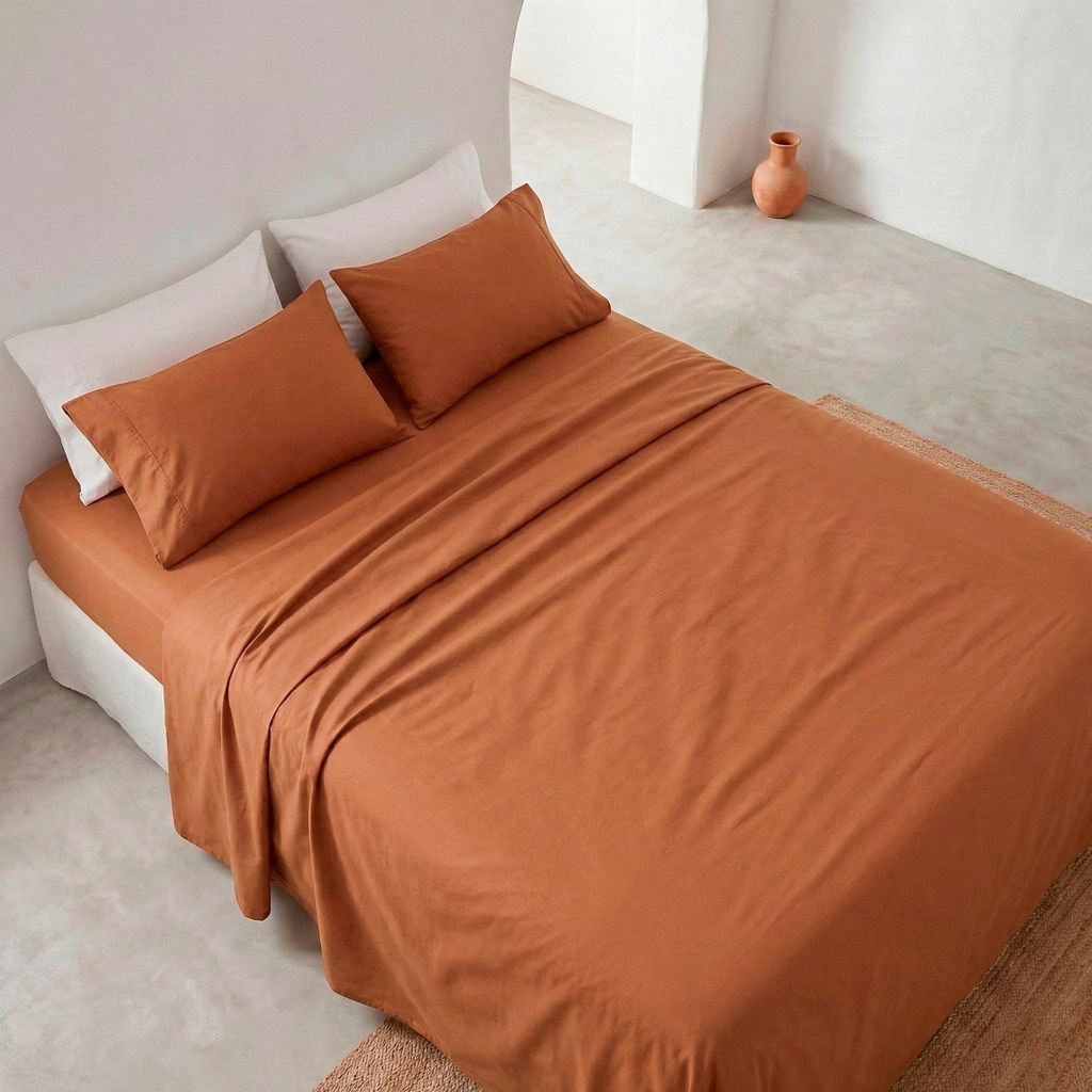 JUEGO DE SÁBANAS LISO 100% ALGODÓN TEJA
