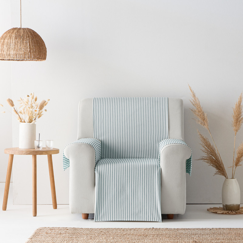 [CSARAAGUA1PZ] Cubre Sofa Alicante Algodón (Rayas Agua Marina, 1 plaza)