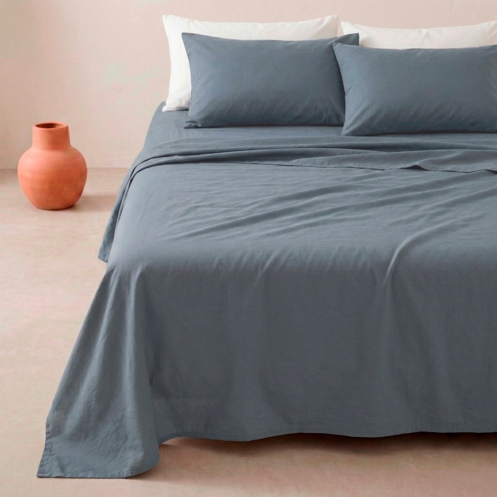 [JS100%ALG80-AZ] Juego de sábanas lisa 100% algodón (Azul, 80 cm)